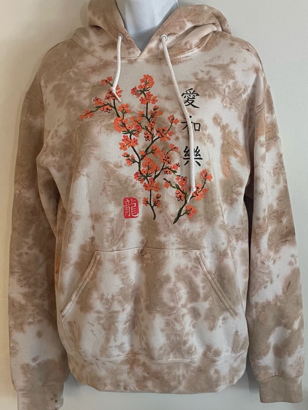 Beige Tie-Dye Hoodie with Orange Floral Graphic